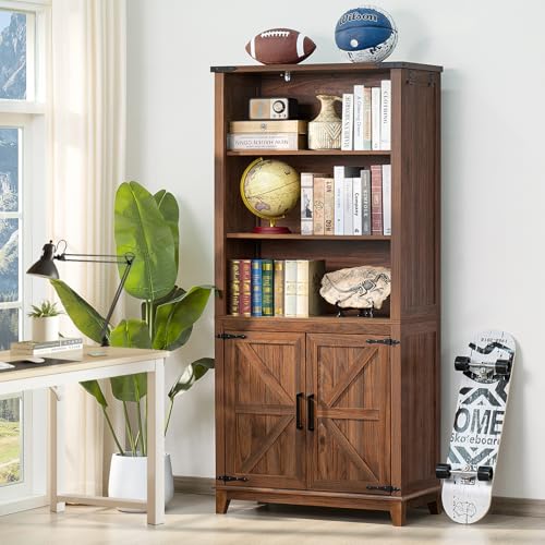 Joaxswe 70in Tall Bookshelf 5 Tier Bookcase with Barn Doors and Adjustable Shelves, Brown Farmhouse Book Shelf with Storage Cabinet, Wood Freestanding Display Bookshelves for Bedroom, Living Room - color: Brown, size: 1 Piece