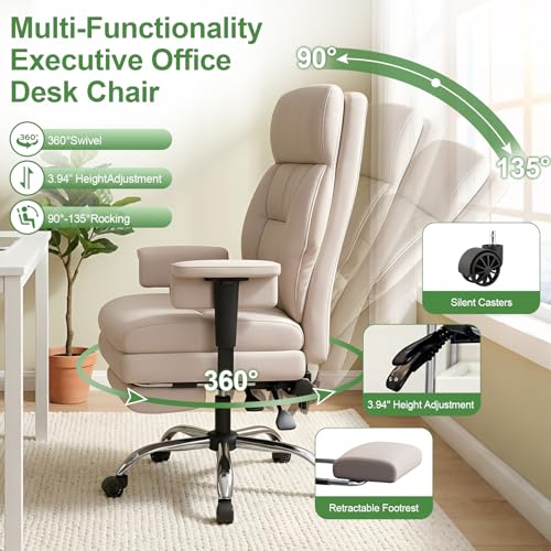 Office Chair Comfortable Executive Desk Chair with Foot Rest, Adjustable Height Home Computer Chair High Back Gaming Chair Leather Swivel Rolling Work Chairs, Beige - color: Beige