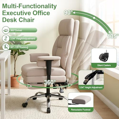 Office Chair Comfortable Executive Desk Chair with Foot Rest, Adjustable Height Home Computer Chair High Back Gaming Chair Leather Swivel Rolling Work Chairs, Beige - color: Beige