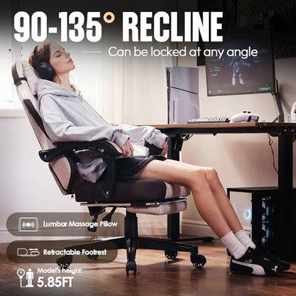 Dowinx Gaming Chair Fabric with Pocket Spring Cushion, High Back Ergonomic Computer Chair with Footrest for Adults, Massage Lumbar Support Swivel Game Chair for Office Gaming 300LBS, Brown - color: Brown