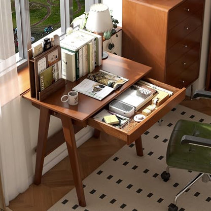100% Solid Rubber Wood Desk Home Office Desk Mid Century Modern Writing Computer Desk with Drawer for Home Office 31" - color: Teak-rubberwood, size: 31.49"W