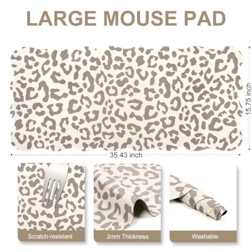L-SPOUTTO Beige Leopard Mouse Pad,Scalloped Desk Mat XXL Gaming Mousepad | Cheetah Large 35.4x15.7in Non-Slip Rubber Base Keyboard Pad Waterproof Desktop Mat for Laptop Computer Game Home Office - color: Beige Leopard