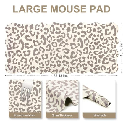 L-SPOUTTO Beige Leopard Mouse Pad,Scalloped Desk Mat XXL Gaming Mousepad | Cheetah Large 35.4x15.7in Non-Slip Rubber Base Keyboard Pad Waterproof Desktop Mat for Laptop Computer Game Home Office - color: Beige Leopard