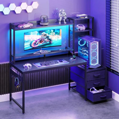 Casaottima 48 Inch Gaming Desk with Shelves & Hutch & 3 Drawers & LED Light | Reversible PC Desk with Tower Stand & Power Outlets, Computer Desk for Home Office, Carbon Fiber Black - size: 48 inch