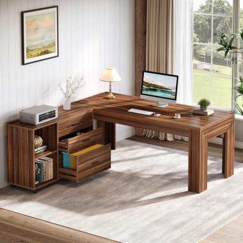 Tribesigns 63" L Shaped Desk with File Cabinet, Large Executive Office Desk with Rolling Filing Cabinet, Long Computer Table with Drawers, Business Furniture Set for Home Office, Light Walnut - color: Light Walnut
