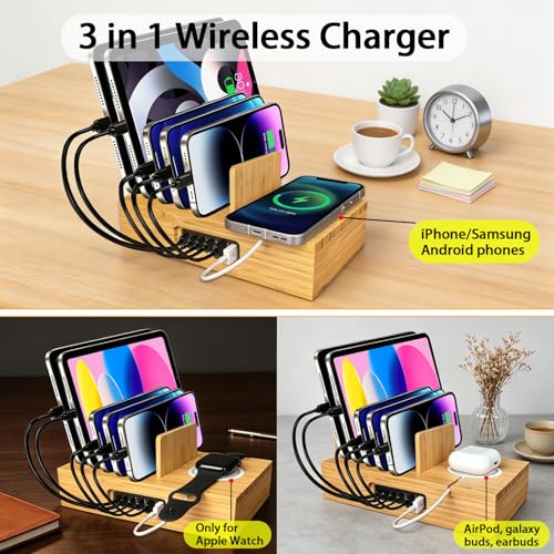 6 Port USB Charging Station for Multiple Devices 200W USB C Laptop Charger for MacBook Tablet 15W 3-in-1 Wireless Charger for iPhone/Apple Watch/AirPods Bamboo Charging Station Organzier