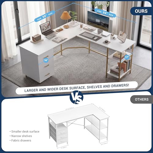 Techni Mobili 59" Two-Tone L‑Shaped Office Desk with Storage Shelves, Gold - color: Gold