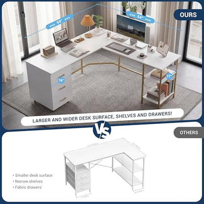Techni Mobili 59" Two-Tone L‑Shaped Office Desk with Storage Shelves, Gold - color: Gold
