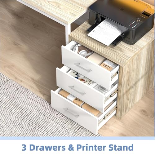 MaverickFurni 67" Home Office Desk with 3 Drawers and LED Lights, Walnut - color: White and Walnut