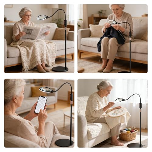 10X Floor Magnifying Glass with Light and Stand,360° Flexible Gooseneck Floor Magnifying Lamp,3 Light Modes,Height Adjustable,Hands Free Magnifier for Reading,Close Work,Craft,Sewing for Seniors