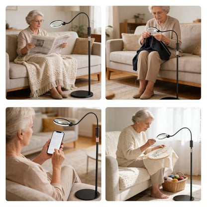 10X Floor Magnifying Glass with Light and Stand,360° Flexible Gooseneck Floor Magnifying Lamp,3 Light Modes,Height Adjustable,Hands Free Magnifier for Reading,Close Work,Craft,Sewing for Seniors