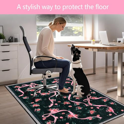 Office Chair Mat for Hardwood/Tile Floor, 36"x48"Desk Chair Mat for Rolling, Non Slip Under TPR Backing Low-Pile Rug(Black Bow Flower) - color: Black Bow Flower