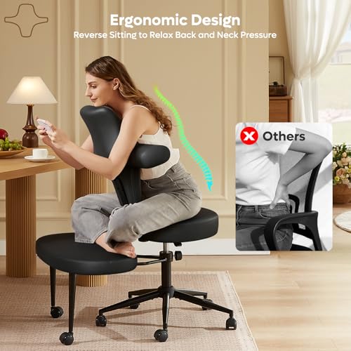 Extra Wide ADHD Cross Legged Office Chair, 360° Swivel Kneeling Meditation | Extra-wide cross-legged kneeling chair with reversible seat, 360° swivel, adjustable height—for ADHD, meditation & comfort - color: Pu Black