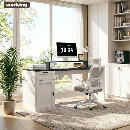 HUAHUU 63" Farmhouse Executive Desk with Drawers, Modern Computer Desk with Power Outlets, Office Writing Desk with Monitor Stand & Storage Cabinet, Printer Shelf, Antique White - color: Black and White