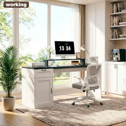 HUAHUU 63" Farmhouse Executive Desk with Drawers, Modern Computer Desk with Power Outlets, Office Writing Desk with Monitor Stand & Storage Cabinet, Printer Shelf, Antique White - color: Black and White
