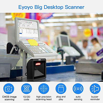 Eyoyo Omnidirectional Desktop Hands-Free Automatic 1D 2D QR Barcode Scanner | Big Scan Window Barcode Reader, Read PDF417 on ID Card, Driver's License, Passport, for Supermarket Library Retail Store