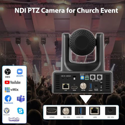NDI PTZ Camera with AI Auto Tracking, 30X Optical Zoom, HD 1080P 60fps Conference Cameras, PoE LAN 3G-SDI/HDMI/USB3.0/IP, Professional for Live Streaming Church Wedding Education,with vMix OBS Zoom - color: Classic Black