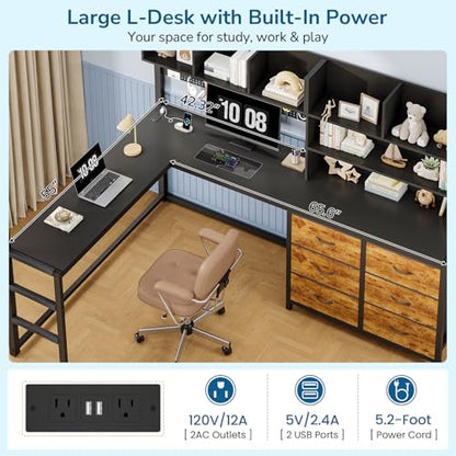 Full‑Size Black Metal Loft Bed with L‑Shaped Desk, LED & Charging Station - color: Black