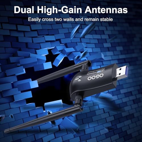 Tri-Band WiFi 6E Adapter for Desktop PC: QGOO USB 3.0 Axe 5400 Wireless Network Receiver/Dongle with 5dBi Dual Antennas, WiFi Card/Stick 6G/5G/2.4G for Laptop Computer Only Compatible Windows 11/10 - size: AXE-5400