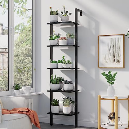YMYNY 5 Tiers Narrow Ladder Bookcase, Industrial Wall Mounted Bookshelf, Open Display Rack with Metal Frame, Wooden Storage Shelves for Bedroom, Home Office, Living Room, Black, 70*17.3*11.8"UHBC015B - color: Black