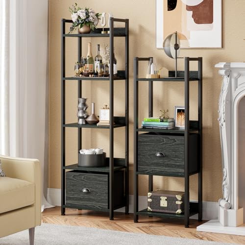 Furologee 5 Tier Bookshelf with Drawer, Kitchen Bakers Rack with Storage, Tall Narrow Bookcase, Industrial Free Standing Display Shelf, Wood and Metal Book Shelf for Bedroom, Living Room, Black - color: Black Oak, size: 5 Tier -1 PCS