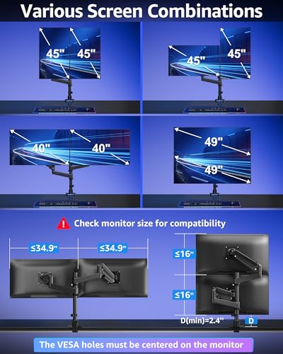 MOUNTUP Dual Monitor Stand Fits 49 45 42 40 39 34 32 Inch Screens, Heavy Duty Dual Monitor Arm Holds 7.7-44 lbs, Vertical Stacked Monitors Mount, Full Motion, Height Adjustable, VESA Mount - size: Dual(22''-49'')