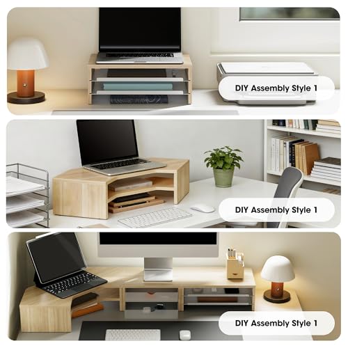 Fenge 14.3-Inch Monitor Stand with Slide-Out Trays, Wood & Metal Desk Shelf - color: Oak