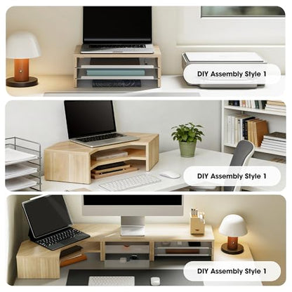 Fenge 14.3-Inch Monitor Stand with Slide-Out Trays, Wood & Metal Desk Shelf - color: Oak