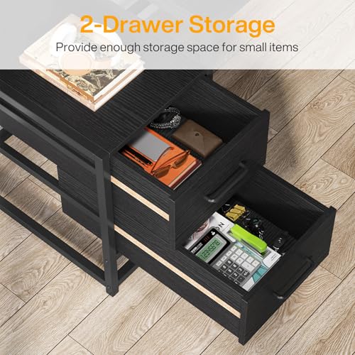 Tribesigns 55 Inch Computer Desk with 2 Drawers and Storage Shelves, Rustic Office Desk with Hutch, Study Writing Gaming Table Laptop Workstation for Home Office (Black) - color: Black