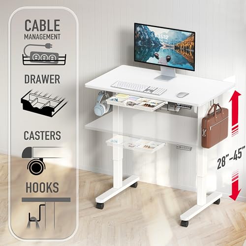 SHW Mobile Electric Height Adjustable Standing Desk w/Drawer, White | 40" Wide Top | w/ Memory Presets and Cable Management | Drawer with adjustable compartments | Hanging Hooks - color: White