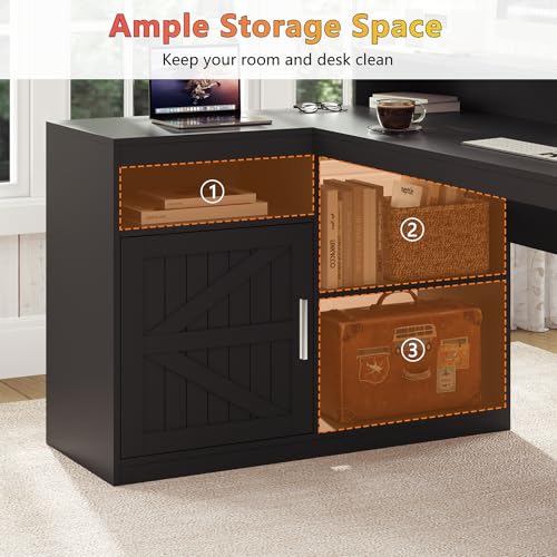 TVU Farmhouse L Shaped Desk with Drawers, 62.2" Home Office Desk with Storage Shelves and Power Outlet, L Shaped Computer Desk with Monitor Stand and Printer Shelf, Black - color: Black