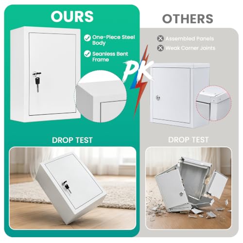 Metal Locking Wall-mounted Medicine Cabinet, Bathroom Medicine Cabinet Organizer with 3 Compartments & 2 Door Storage Bins, First Aid Cabinet for Home Bathroom Office, Weekly Pill Organizer Included - size: 11.7 x 4.7 x 15.6 inches