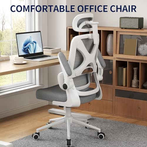 Ergonomic Office Chair - Desk Chair with Adjustable Headrest Lumbar Support Computer Chair - Mesh Comfy Chair with Flip-up Armrests - Gaming Chairs for Adults Home Office (White+Gray) - color: White+gray