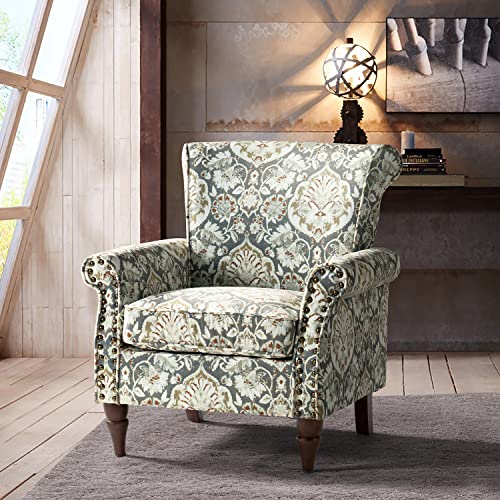 HULALA HOME Traditional Floral Accent Chair with Solid Wood Legs, Pine | Comfy Upholstered Armchair Reading Chair with Rolled Armrests, Nailhead Trim, Removable Cushion, for Living Room Bedroom - color: Pine