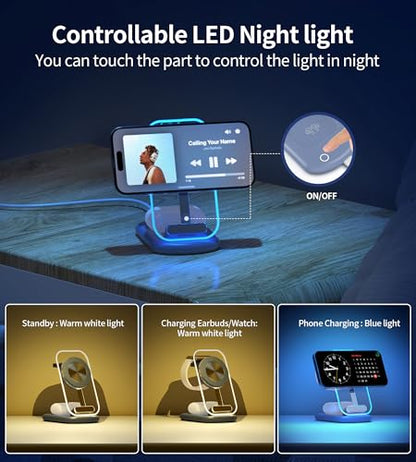 Mukiya 3 in 1 Magnetic Wireless Charging Station for Apple Devices | Fast Travel Charger Stand with Night Light for MagSafe-enabled iPhone 17 16 15 14 13 12 Series, Apple Watch/AirPods Pro, BU - color: Blue