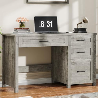 Vabches Farmhouse 47" Computer Desk with 4 Drawers, Grey | Executive Desk with File Drawer and Charging Station, Workstation for Home Office, Study - color: Grey Without Charging Station