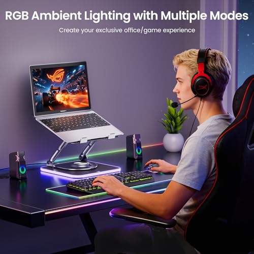 360°Rotating Laptop Stand with RGB Lights, Fits 10-16"Laptops MacBooks | 7-Level RGB Lights, Adjustable Multi-Angle Ergonomic Aluminum Laptop Stand, Foldable & Portable for Home & Office - color: RGB-Grey