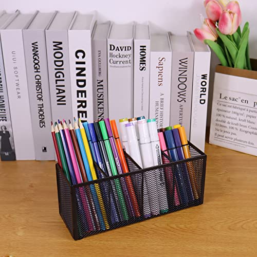 2PCS Black Mesh Pen Pencil Holder, Metal Desk Organizer Desktop Stationery Office Supplies Acessories Storage Stand, 4 Compartments Brushes Holder for Home School Classroom Teachers - size: 2pcs 4 Grids