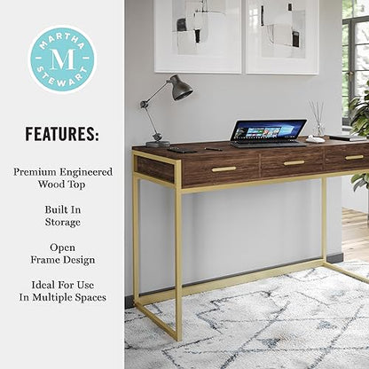 Martha Stewart Ollie Home Office Desk with 3 Drawers in Walnut Wood Grain with Polished Brass Hardware - color: Walnut Top/Polished Brass Frame