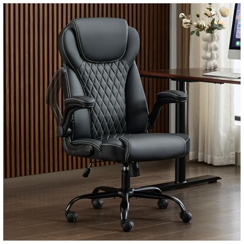 amseatec Big and Tall Office Chair, Flip-Up, Executive Desk Chair, Black | Ergonomic Leather High Back, Lumbar Support, 90 °Lock, 115° Tilt, 20 Spring Packs, 300lbs Capacity, Wide Seat/Smooth Casters - color: Black