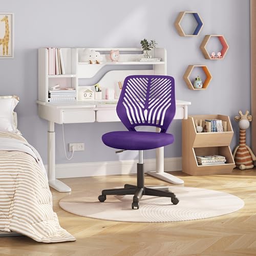 Yaheetech Student Desk Chair, Low-Back Armless Study Chair with Lumbar Support, Adjustable Swivel Office Chair for Home Bedroom School, Purple - color: Purple