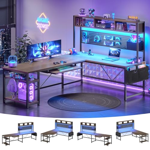 SEDETA L Shaped Gaming Desk with LED Lights and Pegboard for Home Office | Reversible 94.5" Computer Desk with Power Outlet, Keyboard Tray, Storage Shelves and Headphone Hook, Walnut Brown - color: Walnut With Power Outlet and Pegboard