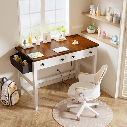 EnHomee 32" Small Desk with Drawers & Power Outlets for Teens Bedroom | Functional Drawers & Built-In Power Outlets; Organize Supplies and Charge Devices for Teen Small Study Room, Brown+White - color: Brown+white, size: 32inch with Drawers