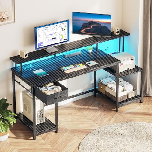 DurayLoly Gaming Desk with 55" Long Monitor Stand, 18" Ample Printer Space | Storage Drawer and File Shelves,Versatile RGB LED Lighting,Built-In USB Outlet,Sturdy Metal Frame,Bedroom Writing Desk,Black - color: Black Carbon Fiber