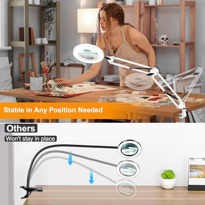 10X Magnifying Glass with Light and Stand, Magnifier with Light Hands Free, 3 Color Modes 10 Level Dimmable, Magnifying Real Glass LED Desk Lamp for Close Work, Repair, Reading, Craft, White - color: White