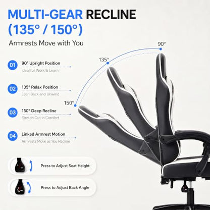 Desk Computer Gaming Chair - High Back Ergonomic Office Chair with Footrest and Lumbar Support, Swivel Comfy Home Gamer Video Game Chairs with Pocket Spring Cushion for Adults (White Leather) - color: Classic White Leather