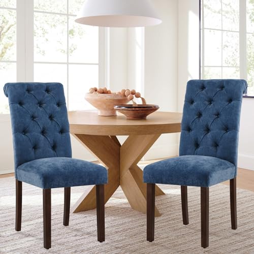 COLAMY Button Tufted Dining Chairs Set of 2, Parsons Upholstered Fabric Dining Room Chairs Kitchen Chairs with Wood Legs and Padded Seat, Blue - color: Blue, size: set of 2