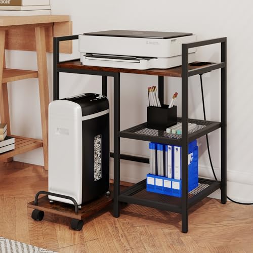 Giantex 3-Tier Printer Stand with Charging Station, 2 Open Storage Shelves, Side PC Stand on Wheels, 25" x 16" Mobile Printer Table for Computer Tower, Printer Shredder, Fax, Under Desk, Home Office - color: Rustic Brown & Black