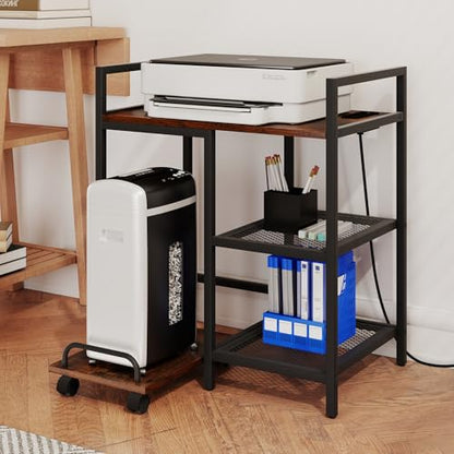 Giantex 3-Tier Printer Stand with Charging Station, 2 Open Storage Shelves, Side PC Stand on Wheels, 25" x 16" Mobile Printer Table for Computer Tower, Printer Shredder, Fax, Under Desk, Home Office - color: Rustic Brown & Black