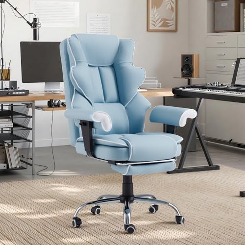 Ergonomic Executive Office Chair with 6-Point Vibration & Heat - Reclining Managerial Chair with Adjustable Footrest and Armrests,Big and Tall Leather Home Office Desk Chairs(Airy Blue) - color: Airy Blue